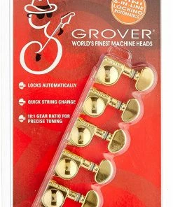 Grover Trophy Parts Grover 406G6 Mini Locking Rotomatics With Round Button - Guitar Machine Heads, 6-in-Line, Bass Side (Left) - Gold