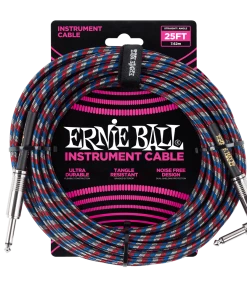 ERNIE BALL 25' BRAIDED STRAIGHT / ANGLE INSTRUMENT CABLE - BLACK / RED / BLUE / WHITE P06063