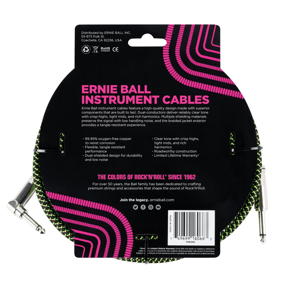 Wholesale โจ ERNIE BALL 25' BRAIDED STRAIGHT / ANGLE INSTRUMENT CABLE - BLACK / GREEN P06066 ๐ 2 ERNIE BALL 25' BRAIDED STRAIGHT / ANGLE INSTRUMENT CABLE - BLACK / GREEN P06066