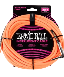 Instrument Cables ERNIE BALL 25' BRAIDED STRAIGHT / ANGLE INSTRUMENT CABLE - NEON ORANGE P06067