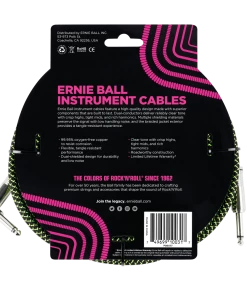 ERNIE BALL 10' BRAIDED STRAIGHT / ANGLE INSTRUMENT CABLE - BLACK / GREEN P06077 Instrument Cables