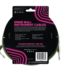ERNIE BALL 18' BRAIDED STRAIGHT / ANGLE INSTRUMENT CABLE - BLACK / GREEN P06082 Instrument Cables